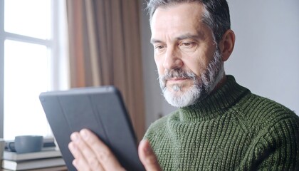 Fototapeta premium Mature bearded man in green knit sweater focusing on digital tablet screen