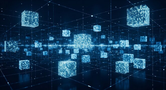 Digital data cubes floating in a 3D network grid representing technology