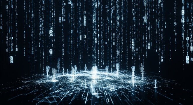 Digital data matrix falling over a glowing network landscape in cyberspace