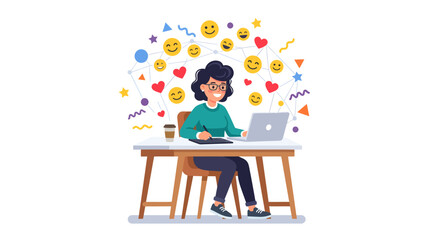 Fototapeta premium Woman working on laptop surrounded by colorful emojis and hearts, celebrating World Emoji Day and digital communication