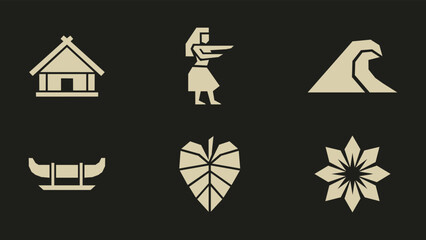 Polynesian culture vector icon set featuring hula dancer ocean wave hut canoe and tropical leaf © thetwelvesense