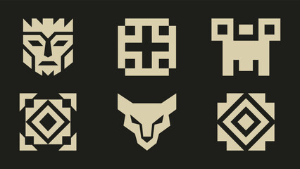 Set of minimalist geometric icons including tribal mask animal head and abstract symbols on dark background © thetwelvesense