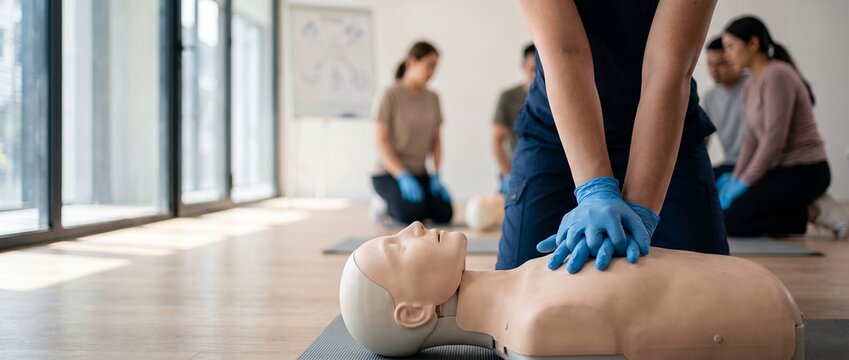 People performing cardiopulmonary resuscitation on training dummies in emergency response class