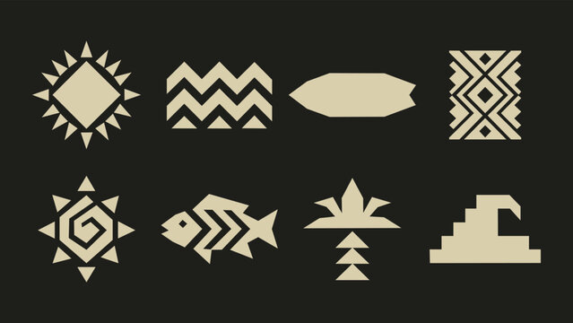Set of minimalist geometric tribal icons representing sun water fish palm tree and nature elements