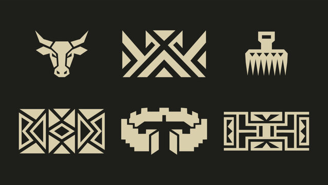 Collection of minimalist geometric tribal icons and symbols with bull head and ethnic patterns