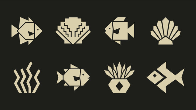 Minimalist geometric sea life icon set featuring fish seashells and seaweed on dark background