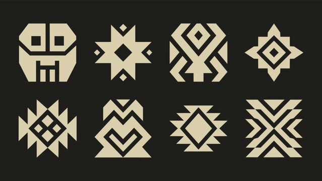 Set of Eight Beige Tribal Geometric Icons and Folk Art Symbols on Black Background