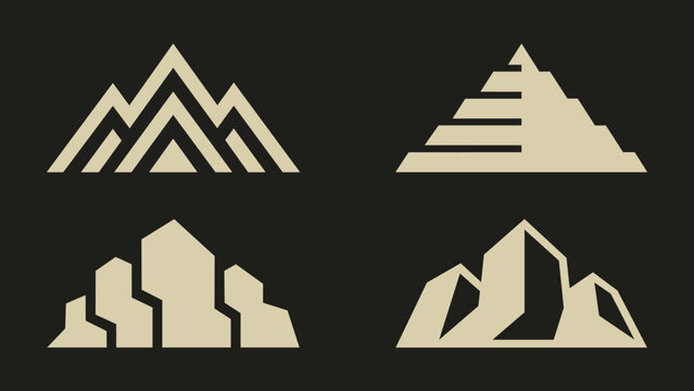 Minimalist geometric mountain icons set with peak and pyramid shapes on dark background