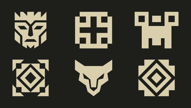 Set of minimalist geometric icons including tribal mask animal head and abstract symbols on dark background