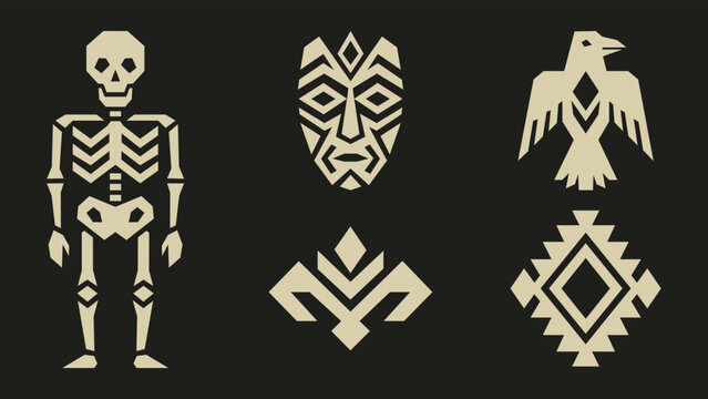 Tribal geometric symbols set with skeleton shaman mask bird and ethnic motifs on dark background