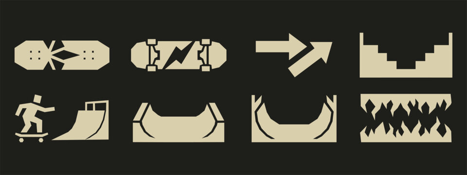 Minimalist skateboarding icon set with boards, ramps, stairs, and skatepark obstacles