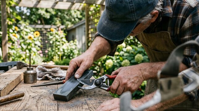 Senior gardener sharpening pruning shears with whetstone on rustic wooden table, representing tool maintenance, agricultural preparation, manual labor, physical craftsmanship, and farm equipment care.