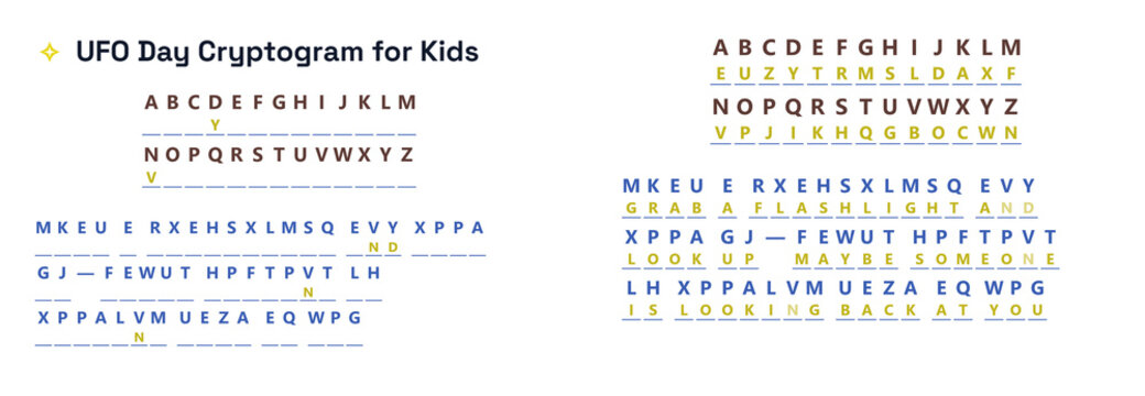 UFO Day Cryptogram for Kids featuring letters and symbols  