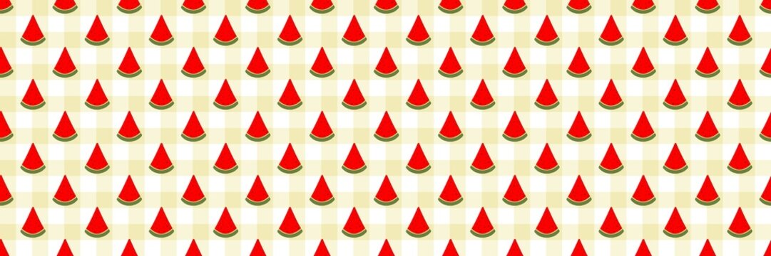 Aesthetic soft ivory and beige mini gingham plaid banner with tiny red watermelon wedges. Minimalist subtle seamless background border graphic for upscale pastry gift box liners and arts.