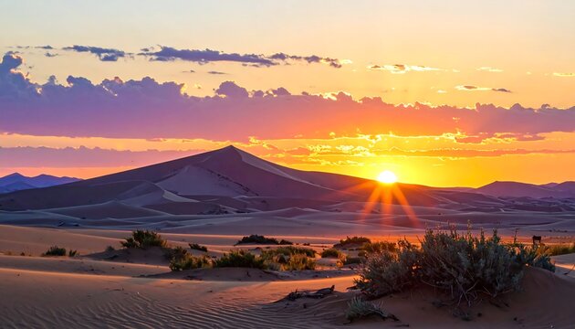 A vibrant sunset casts golden rays over rolling desert dunes and distant mountains, with colorful clouds