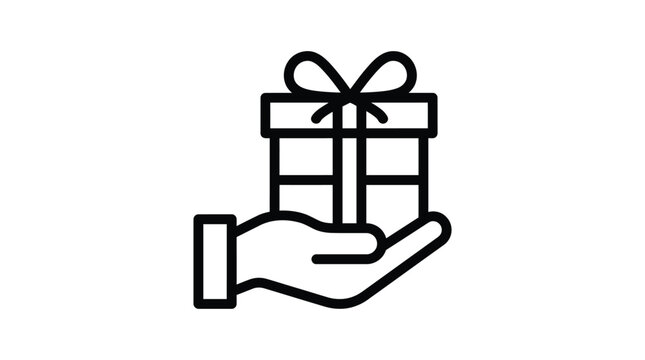 Minimalist black outline vector icon showing a hand holding a gift box with a bow for festive holiday shopping celebration and e commerce website design
