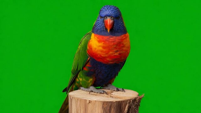 Vibrant Rainbow Lorikeet perched on a wooden log in a studio setting with green screen