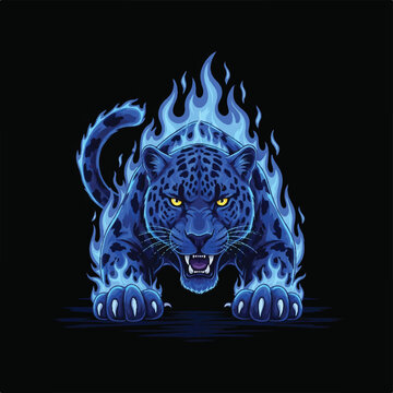 Powerful blue leopard mascot with ethereal flames and glowing eyes