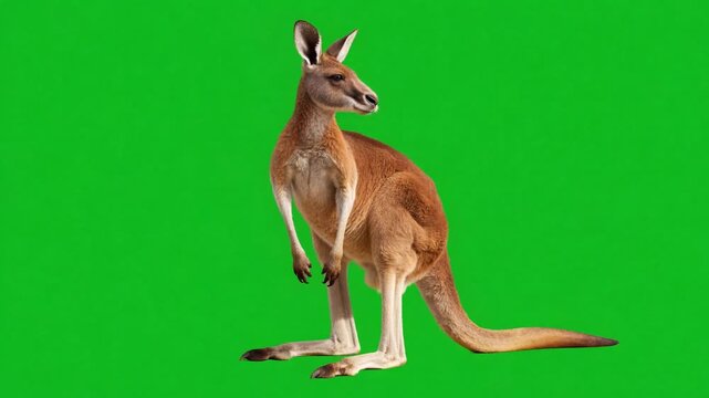 Red Kangaroo Standing and Looking Around on Green Screen