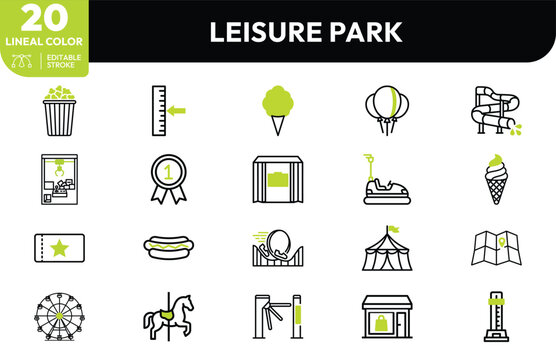 Theme Park Line Icons Set with Carnival Attractions.