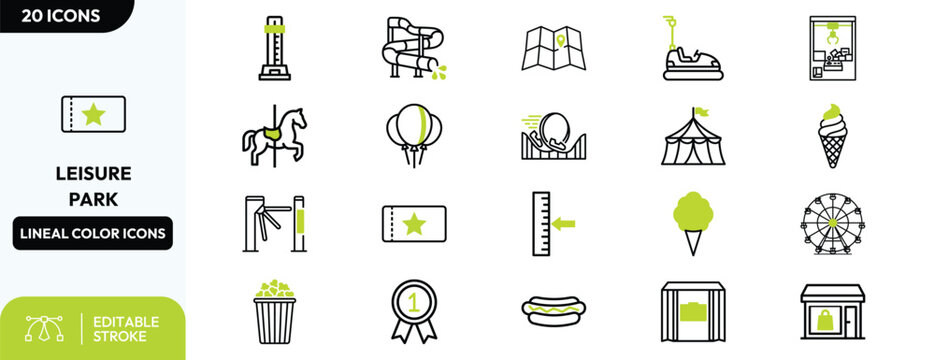 Amusement Park Line Icons Set with Carnival Attractions.