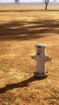 A fire hydrant is placed in the middle of dry, cracked soil in an open area. There is no water around, and the ground shows signs of drought under clear skies.