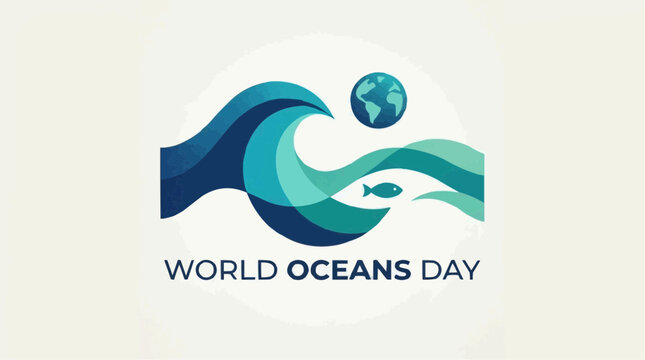 World Oceans Day Concept Illustration with Stylized Blue Waves and Earth Globe