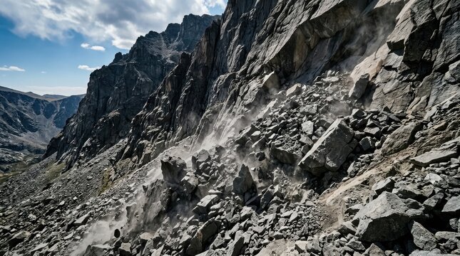 Massive Rockslide Descending Steep Mountain Slope Amidst Dust Clouds