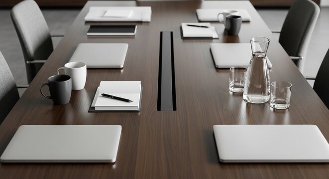 Conference table with laptops and accessories