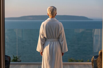Fototapeta premium Woman senior in bathrobe on balcony gazing at tranquil ocean sea view sunset