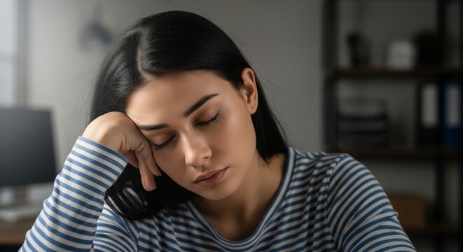 Young Woman Sleeping at Desk, Tired Student Exhausted Study Session, Copy Space