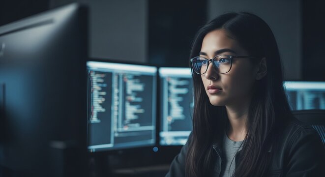 Young Woman Programmer Working on Computer Code on Multiple Monitors