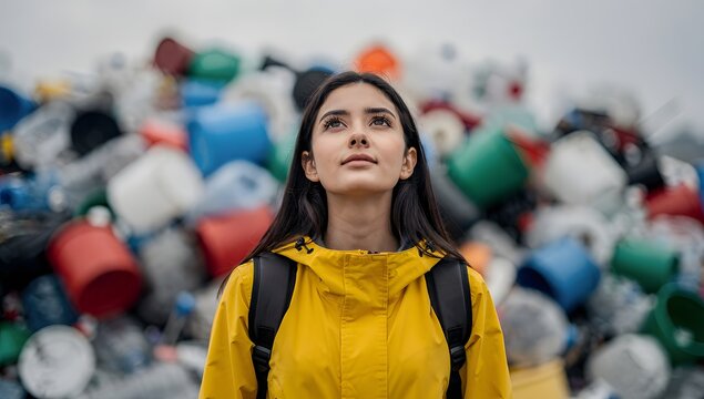 Young woman standing before a large plastic waste pile highlighting environmental pollution sustainability challenges and recycling awareness
