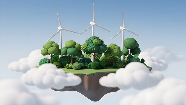 Floating sustainable energy island with wind turbines and lush forest representing renewable power innovation and green technology
