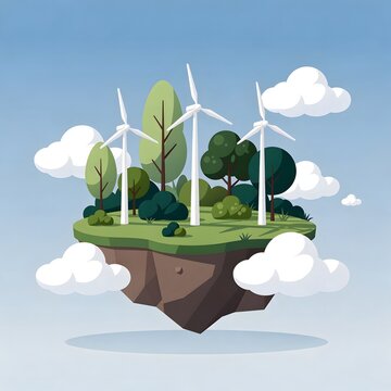 Floating sustainable energy island with wind turbines and lush forest representing renewable power innovation and green technology
