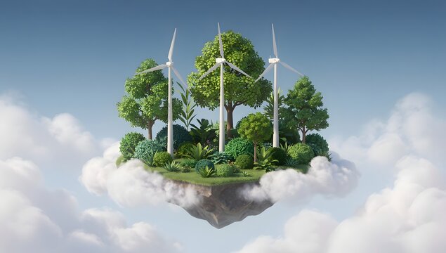 Floating sustainable energy island with wind turbines and lush forest representing renewable power innovation and green technology
