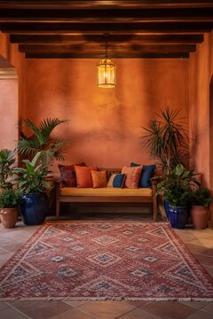 Elegant Mediterranean courtyard interior with wooden bench decorative rug and lush potted plants creating a warm inviting atmosphere
