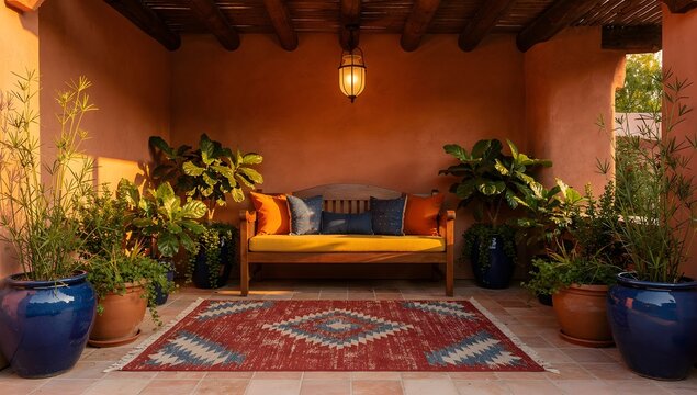 Elegant Mediterranean courtyard interior with wooden bench decorative rug and lush potted plants creating a warm inviting atmosphere

