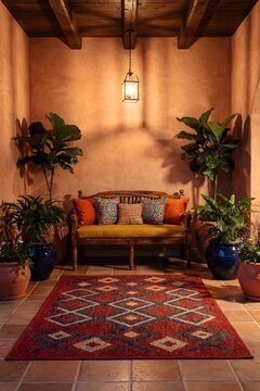 Elegant Mediterranean courtyard interior with wooden bench decorative rug and lush potted plants creating a warm inviting atmosphere
