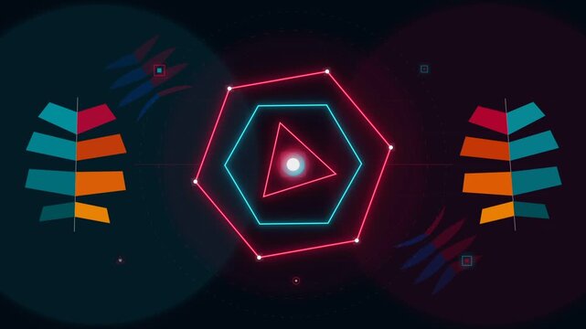 Abstract Neon Geometric Shapes with Glowing Lines and Vibrant Colors.