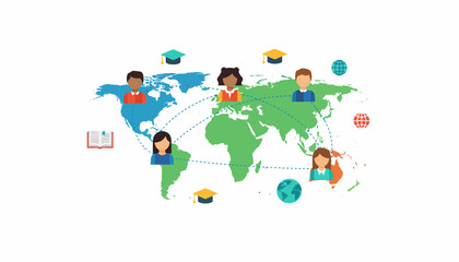 Naklejka premium Diverse students connected globally on a world map, symbolizing education and international learning opportunities