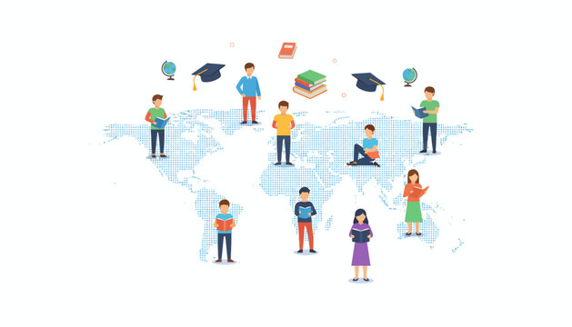 Diverse students with books and graduation caps scattered across a blank world map, representing global education and learning.