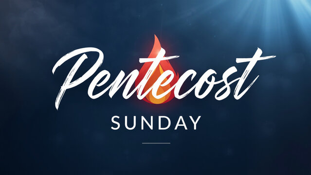 An elegant Pentecost Sunday banner featuring luxurious white brush-script typography against a rich blue gradient background. The flame icon integrated within the word &ldquo;Pentecost&rdquo; burns with vibrant r