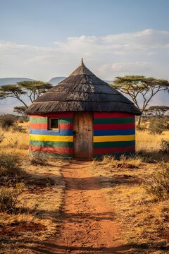 Traditional African round hut with colorful painted walls in a dry savanna landscape under warm golden light and clear sky
