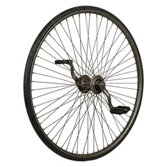 Naklejka premium Isolated vintage bicycle wheel featuring a crank and pedals. Details include thin spokes, metal hub, and rubber tire, presented on a transparent background.