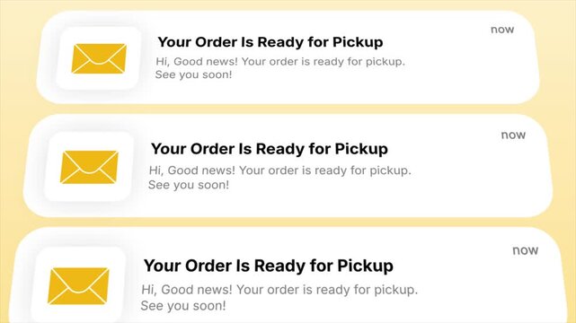 Your Order Is Ready for Pickup messages appear as multiple animated pop-up notifications.  Ideal for e-commerce, delivery apps, and modern digital communication showcasing successful fulfillment.