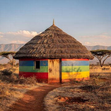 Traditional African round hut with colorful painted walls in a dry savanna landscape under warm golden light and clear sky
