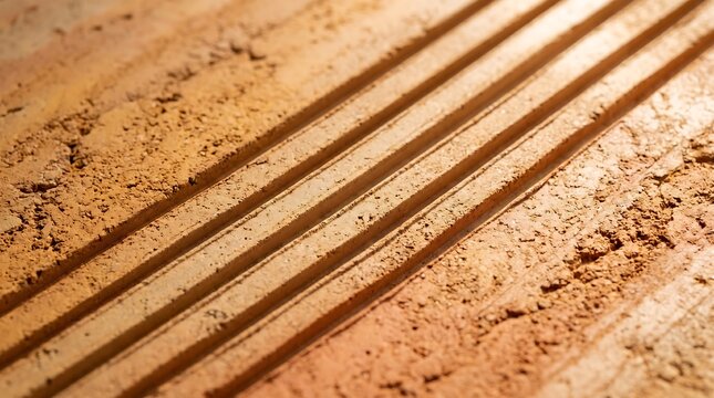 Abstract macro photograph of terracotta clay texture with parallel grooves. R&uacute;stic orange brick background with elegant linear patterns and selective focus.