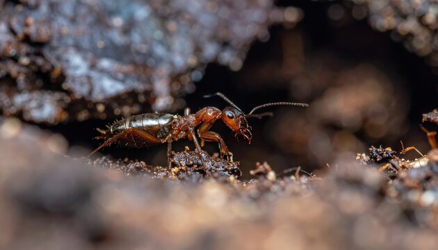 Brown Ant Explores Damp Soil Crevice with Close-Up Detail