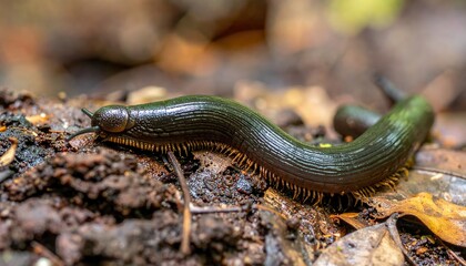 Obraz premium Centipede with Many Legs Crawling Slowly Across Damp Forest Soil in Macro Detail